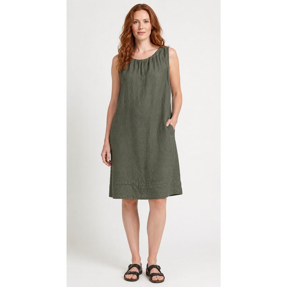 Pistache Linen Gathered Dress Knee Length Green Vine Womens Size Medium New